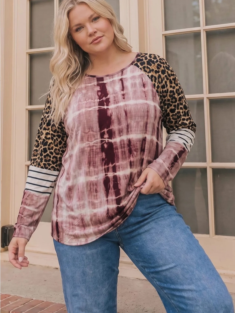 Reborn J Mauve Tie-Dye & Leopard Raglan Long Sleeve Top with Striped Cuffs